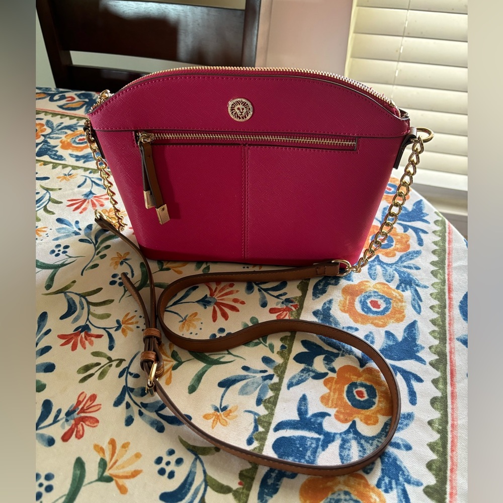 Anne Klein Sawyer Crossbody Classic Dome Handbag Purse Hibiscus Pink